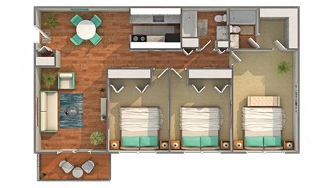 Floor plan for 3 beds, 2 baths, 1200 sqft